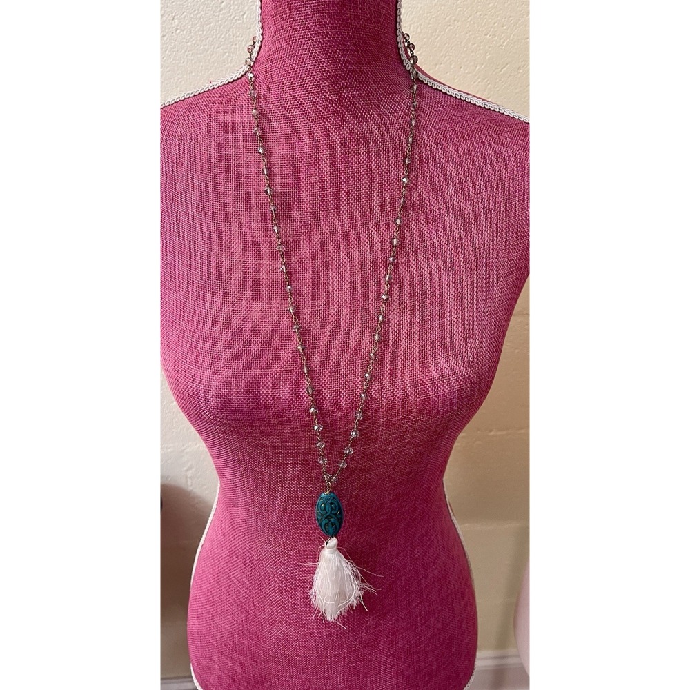 Whitley V GoldTone Necklace 32" Clear Faceted Beaded Signed With Pendant Tassel